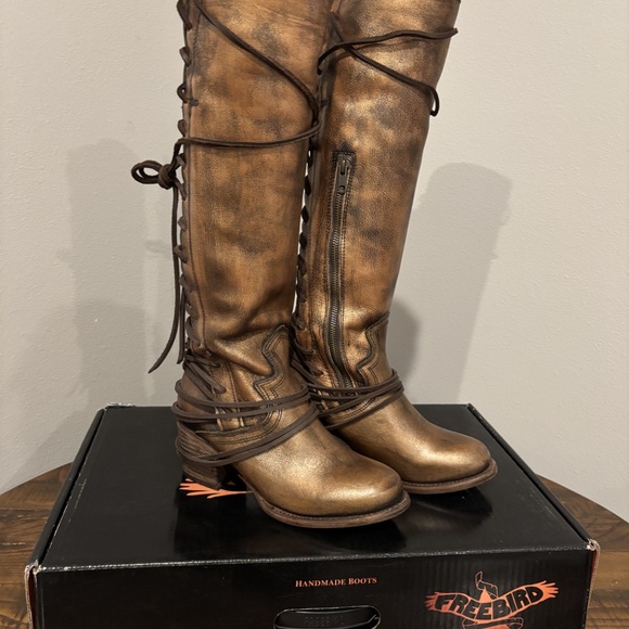 Freebird Coal Bronze Knee-High Lace-Up Leather Boots - Picture 3 of 8